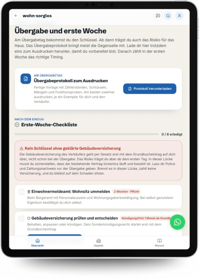 App-Screenshot: Übergabe und erste Woche