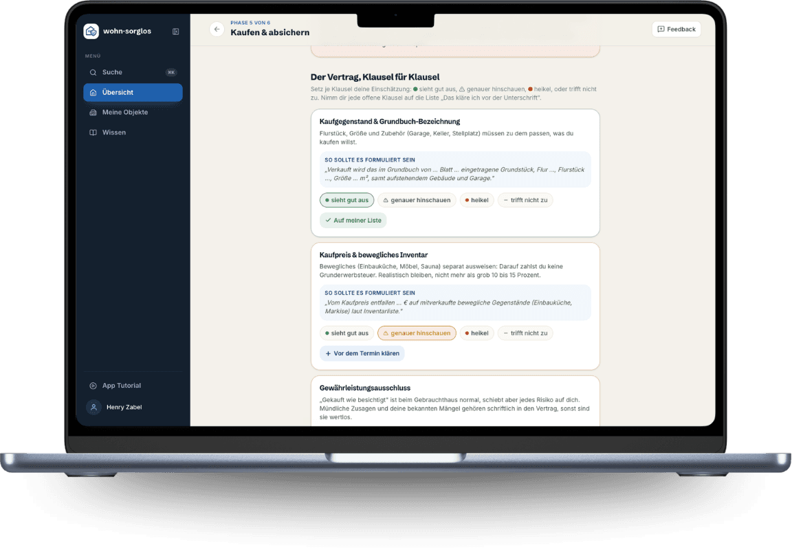 App-Screenshot: Kaufvertrag Klausel für Klausel