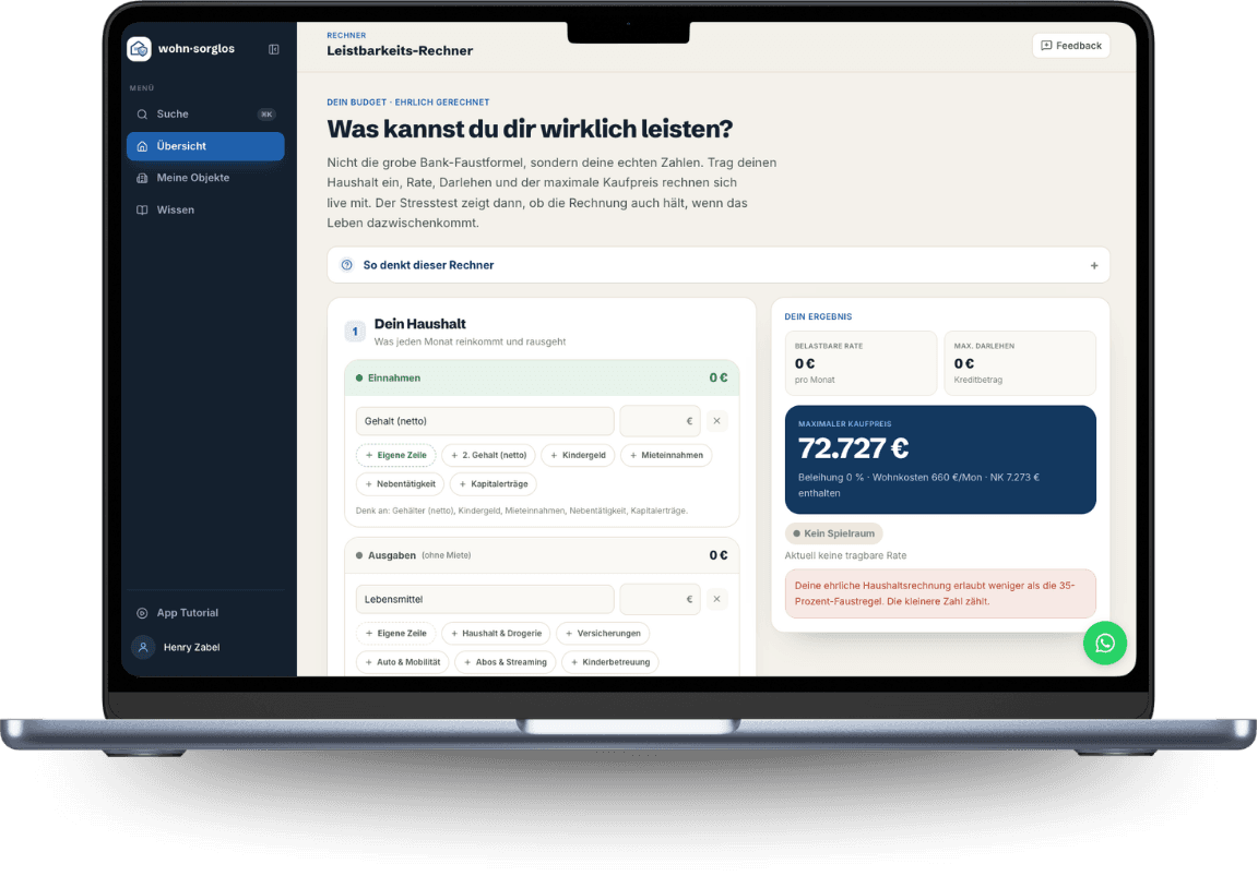 App-Screenshot: Leistbarkeits-Rechner am Laptop